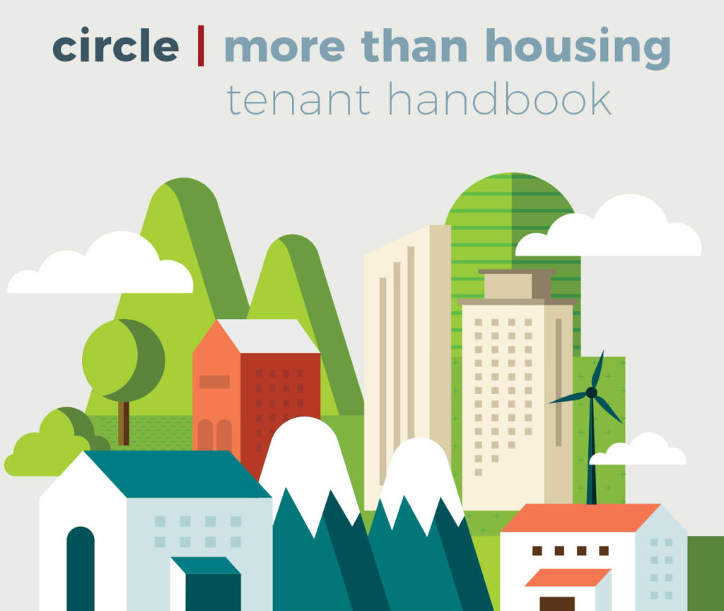 Circle More Than Housing Tenant Handbook. An animated drawing featuring buildings and green spaces.