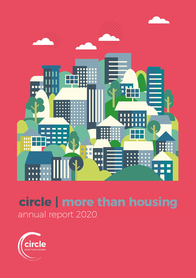 Circle more than housing annual report 2020 front cover. Features a number of animated properties.