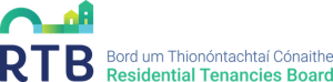 Logo for the Residential Tenancies Board with the abbreviation RTB in the bottom left hand corner with an illustration of houses above it and Residential Tenancies Board in English and Irish in the bottom center of the logo