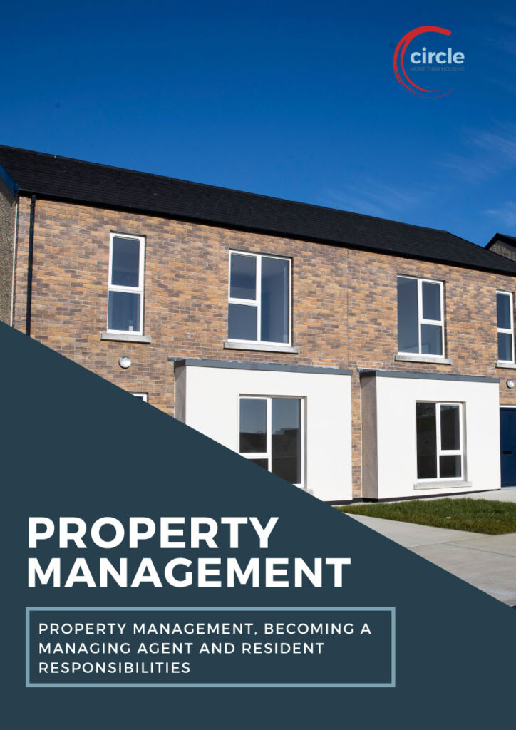 The image is the front cover of Circle's Property Management Guide booklet. It contains an image of terraced houses with the Circle logo in the top right hand corner of the page and the words Property Management, Property Management, Becoming a Managing Agent and Resident Responsibilities in the lower left hand corner