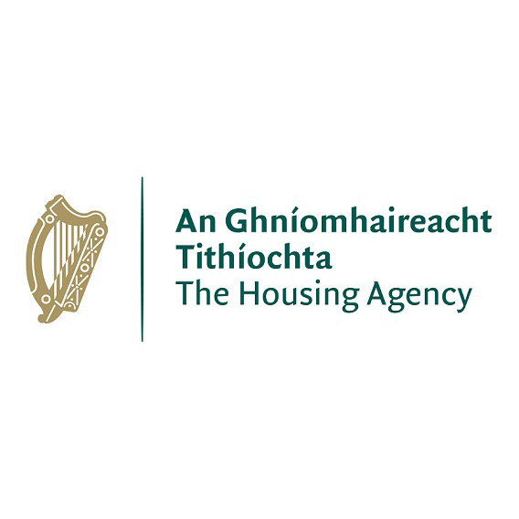 The Housing Agency logo. An Irish government logo with the title in English and Irish and an image of a harp on the left hand side