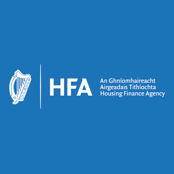 Housing Finance Agency Logo "HFA". Features the Irish harp government department logo.