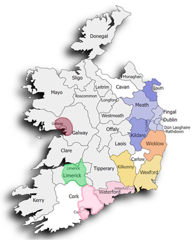 A map of the Republic of Ireland which is colour coded indicating the counties Circle VHA are looking for properties within. 