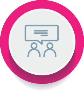 Tenant Advisory Group (TAG) bright pink round icon. Features two people icons with a speech bubble containing no words.