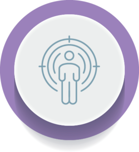 Scheme Walkabout purple round icon. Stick man standing solo with semi circle featured around it.