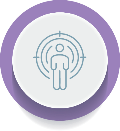 Scheme Walkabout purple round icon. Stick man standing solo with semi circle featured around it.