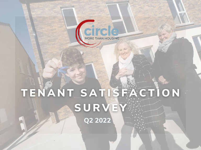 Tenant Satisfaction Survey Q2 2022. Image features tenant family alongside tenancy services officer at a new home in Waterford.