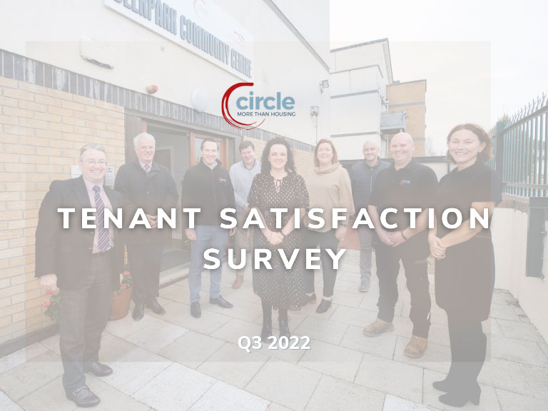 Tenant Satisfaction Survey Q3 2022. Image features Circle CEO and Staff at Deerpark community centre.