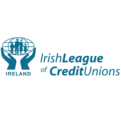 Irish league of Credit Unions Ireland logo with a pair of hands holding a globe with a silhouette of a family inside