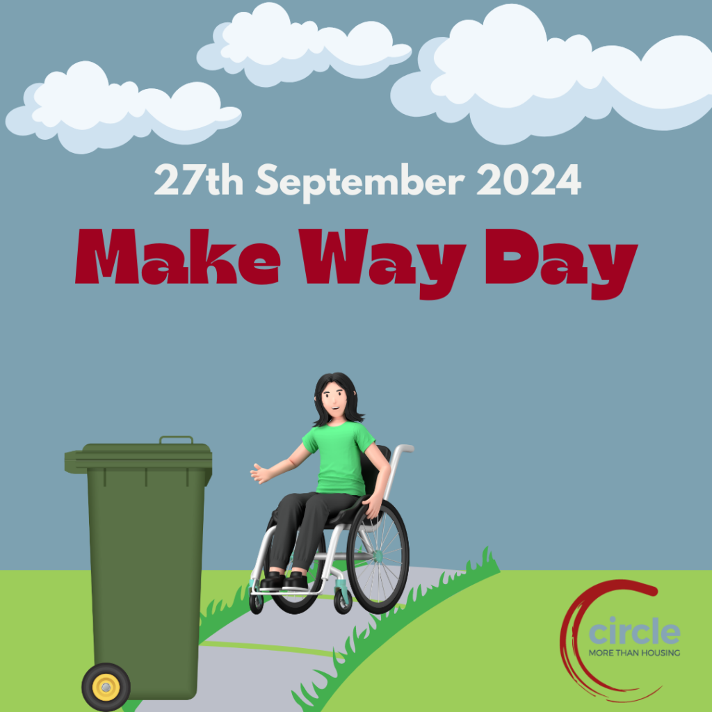 Animated graphic of woman in a wheelchair on a path obstructed by a bin